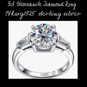 NIB 3CT GENUINE MOISSONITE DIAMOND 💎 RING. 18K WHITE GOLD/ 925 STERLING SILVER